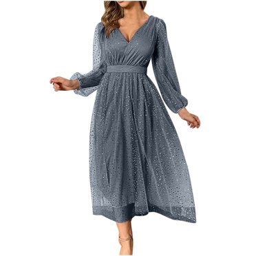 CEHVOM Robe de Cocktail Swing à Manches Longues Col en V en Maille Unie pour Femmes
