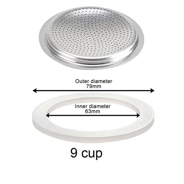MYG Rubber Seal/Rings and Filter replacement set for 9-cup espresso coffee makers, including a white silicone rubber seal with an inner diameter of 63mm and an outer diameter of 79mm, and a perforated metal sieve. Designed for stovetop Moka pots, the set is durable, flexible, and easy to install.