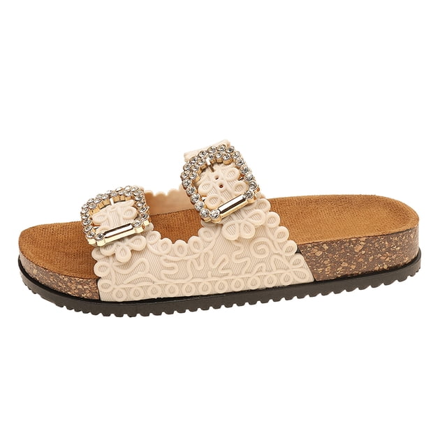 Women's Slide Platform Sandals Glitter Rhinestone Wide Width Dress Sandals Buckle Strap Non Slip Walking Shoes Beige Size 7.5