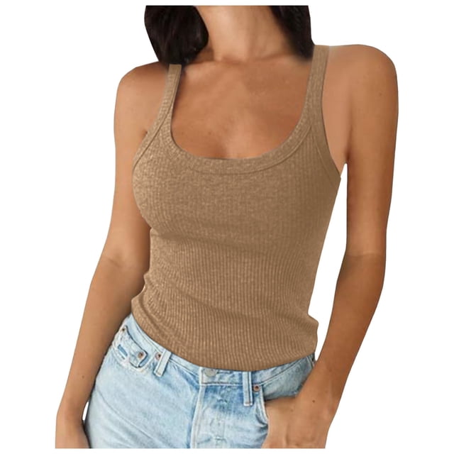 Women Spaghetti Strap Scoop Neck Ribbed Tank Tops Slim Fitted Cotton Camisole Basic Sleeveless Layering Shirts