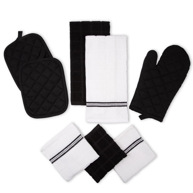 Mainstays, 8 Pack Kitchen Set, Black with two black quilted pot holders, one black quilted oven mitt with polyester padding, two black kitchen towels, two white kitchen towels with black stripes, and three white dishcloths with black stripes, made from 100% Oeko-Tex certified cotton, suitable for heat protection and kitchen cleaning tasks.