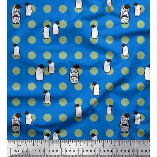 Soimoi polyester Crepe Fabric Dot & Penguin Ocean Decor Fabric Printed Yard 42 Inch Wide
