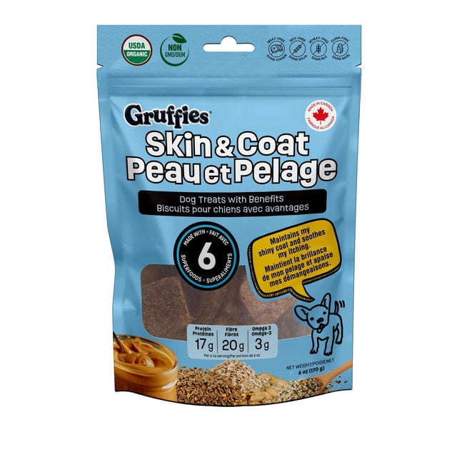 Gruffies Skin & Coat Dog Treats in a blue resealable bag made with six organic superfoods and peanut butter, providing dog supplements for itchy skin relief and promoting a shiny coat, containing 17g protein, 20g fiber, and 3g omega-3 per 6 oz serving.