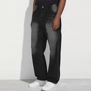 FcBaudy Full Length Pants Jeans Men's Solid Color Pocket Mid Waist Straight Through Full Length Pants Jeans Men Polyester Pants