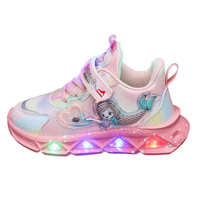 Ketyyh-chn99 Toddler Shoes Baby Boys Girls Breathable Sneakers in pink, featuring a mermaid design and light-up soles. These girls casual shoes are lightweight with a breathable mesh upper and slip-on style, ideal for children aged 4.5-5 years. Perfect for casual, fashion, and party occasions.