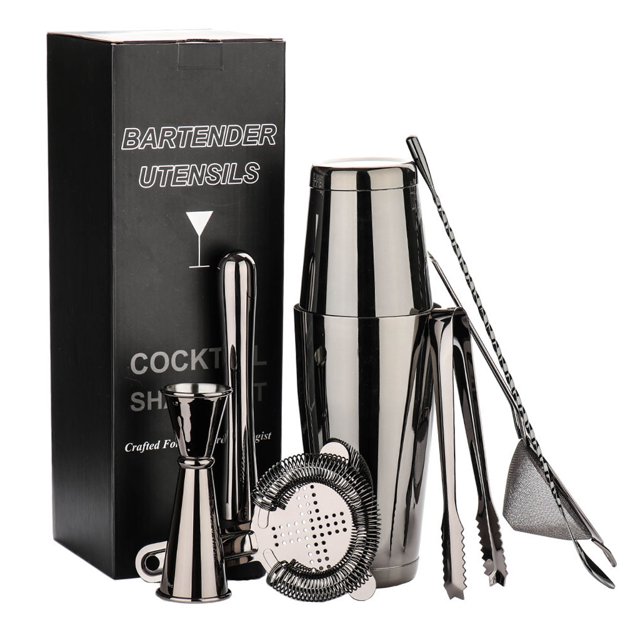 jifeng Ensemble de Bar 8x en Acier Inoxydable Shaker Mélangeur Boisson Barman Outils Noir