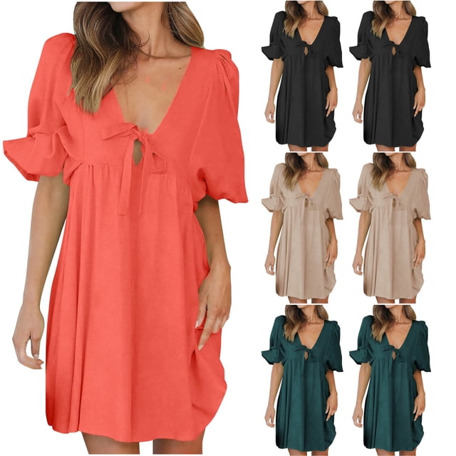 Gspmoly Robes d'Été pour Femmes 2025, Robe Décontractée pour Femmes à la Mode, Couleur Unie, Manches Bouffantes, Manches Courtes, Col en V, Robes de Cocktail pour Femmes, Économies d'Été Liquidation