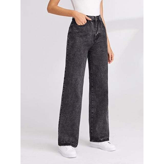 U.Vomade Women's High Rise Jeans featuring a wide-leg design in a plain black denim material. These long, high-waisted jeans are made of 85% cotton and 15% polyester, offering a loose fit with a non-stretch fabric. Details include a button, zipper fly closure, and functional pockets. Styled here with a white top and sneakers, suitable for casual, office, or vacation wear.