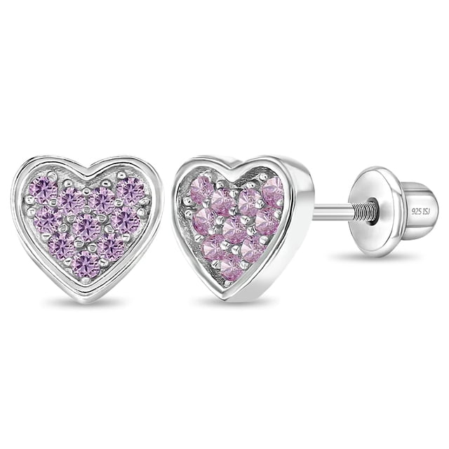 925 Sterling Silver Pave CZ Heart Screw Back Earrings Babies Infants Girls