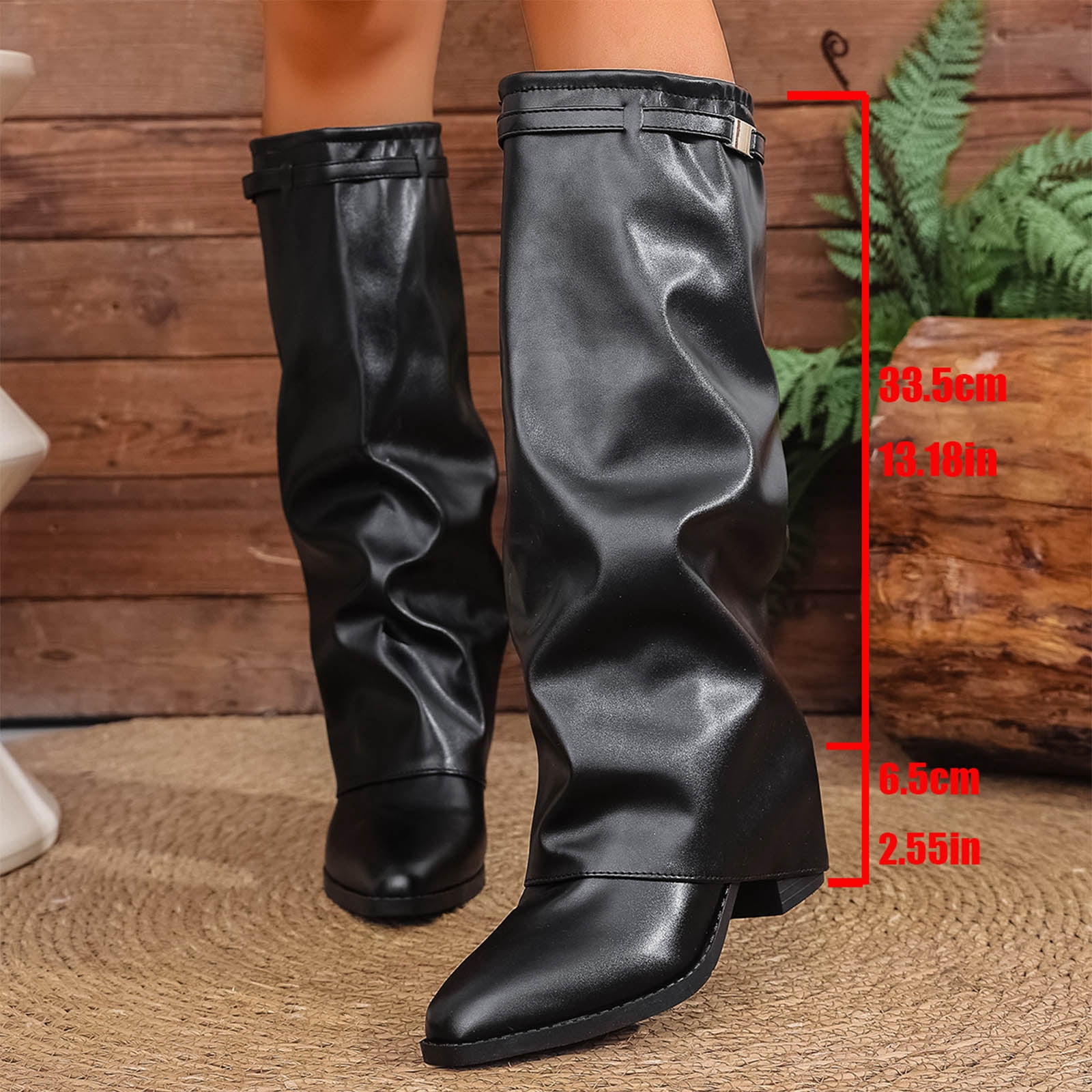 Fold over Knee High Boots for Women Slouchy Leather Pointed Toe