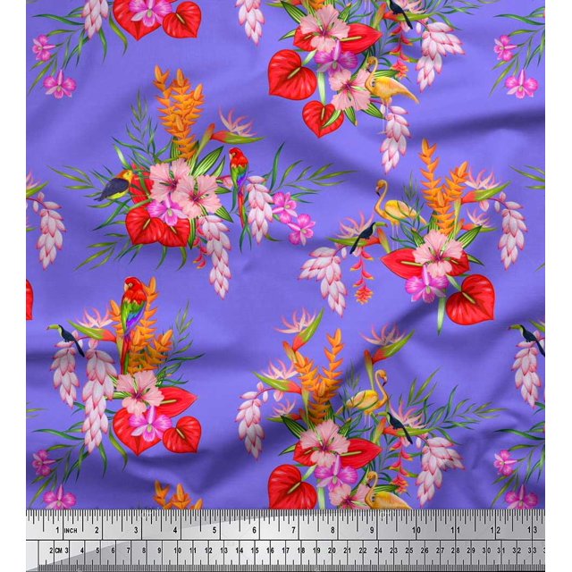 Soimoi Velvet Fabric Floral,Flamingo & Macaw Parrot Bird Print Fabric by Yard 58 Inch Wide
