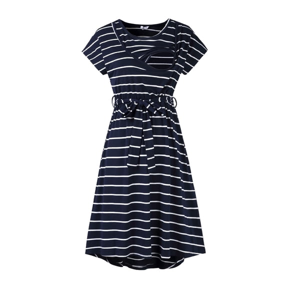 Ketyyh-chn99 Maternity Dress Womens Maternity Summer Short Sleeve Striped Print Nursing Dress For Breastfeeding With Belt Navy,XL