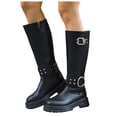 thumbnail image 1 of Fall Mid Calf Combat Boots for Women 2025 Buckles Studded Leather Platform Chunky Cowboy Riding Tall Boots, 1 of 8