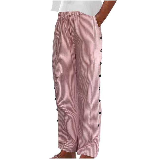Timegard Lounge Pants for Women Elastic Waist Button Striped Trousers Fall Casual Lightweight Pants