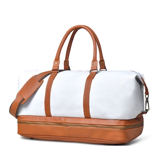Sac de Sport Weekender de Voyage en Toile et Cuir avec Compartiment Séparé pour Chaussures