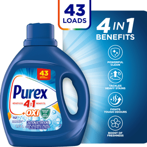 Purex® plus Oxi, Concentrated Liquid Laundry Detergent with 4in1 benefits, Tough on Stains, Brightens and Whitens Clothes, 1.75L, 43 Wash Loads, HE Compatible, 1 bottle