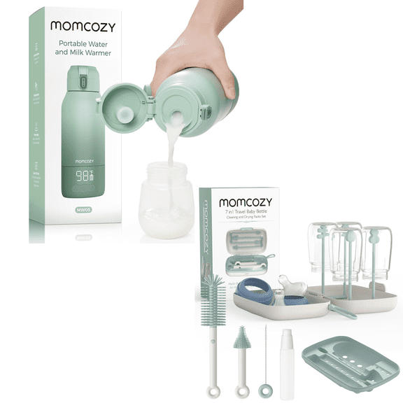 Momcozy Chauffe-biberon Portable pour les Voyages, Portable, Chauffage Rapide, et Kit de Goupillon Momcozy, Conception Innovante par Simple Pression pour un Nettoyage Optimal