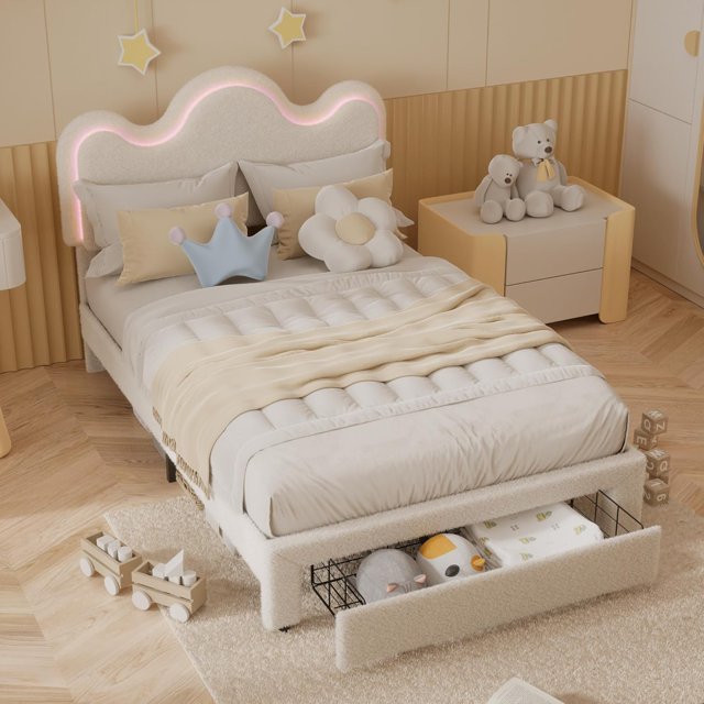 Eastvita Girls' Boucle Platform Bed Frame with Adjustable Upholstered Headboard/Storage Drawers - Princess Bed Frame for/Strong Wood Slat Support/No Box Spring Needed/Easy Assembl...