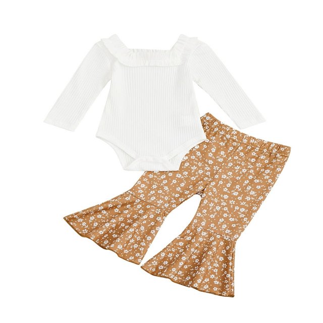 2 Pieces Baby Suit Set Solid Color U-Neck Long Sleeve Ruffle Romper+ Floral Print Flared Pants for Girls 0-18 Months