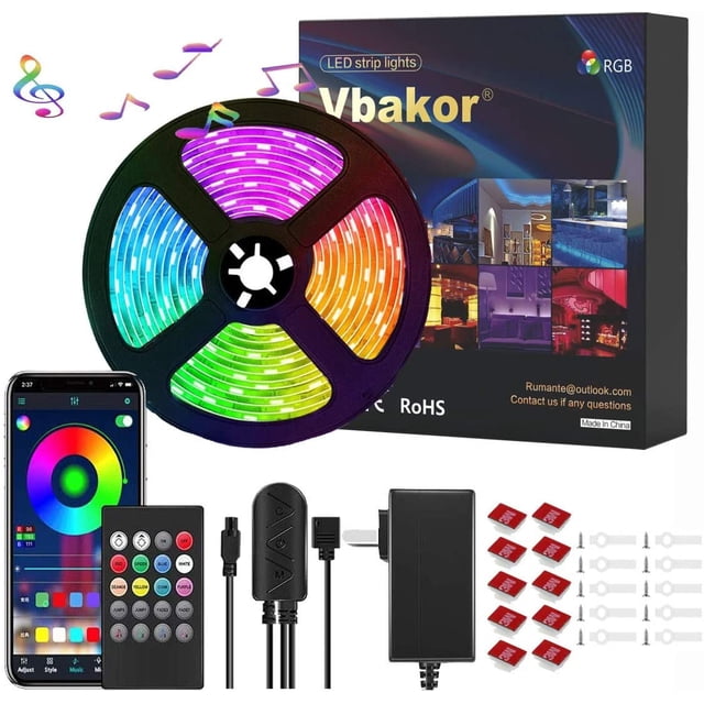 Led Strip Lights 32.8Ft Continuous 10M/Roll Led Tape Lights,5050 RGB Color Changing Led Rope Lights, 300LEDs, Phone APP Control, Music Sync Led Lights for Bedroom (APP+Remote+Mic+3 Button Switch)