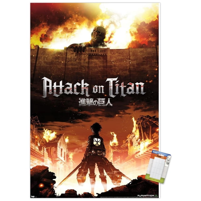 Attack on Titan - Fire Wall Poster, 22.375" x 34" depicting a large titan looming over a stone wall with flames and smoke behind, while a soldier with dual swords stands facing burning village ruins under a fiery sky, suitable for anime room decor.