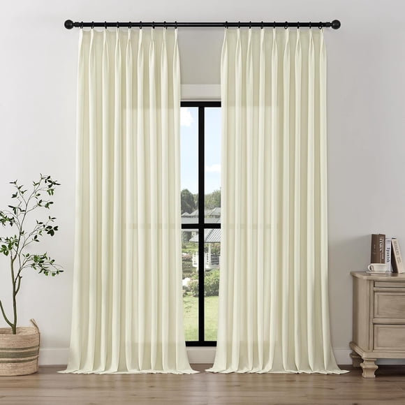 PinesC Pinch Pleated Sheer Curtain Panels 84 Inches Long Linen Texture Light Filtering Window Treatment Drape for Rustic Farmhouse Living Room Bedroom, 72"x84", Light Beige