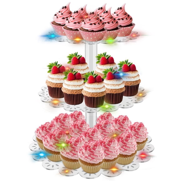 Cupcake Stands with 3 Tier Colorful Light Strip Acrylic Cupcake Holder Reusable Cupcake Tower Stand Transparent Dessert Tower Display Non-slip Cupcake Display Stand for Party Wedding Bir