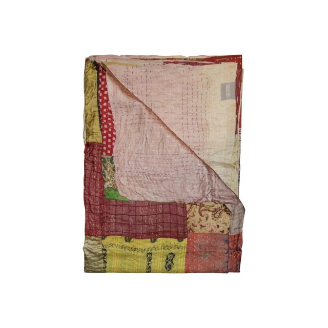 KANTHA SILK THROW BLANKET 50"X70" folded with a corner flipped, showing a colorful patchwork quilted design in red, yellow, green, and beige 100% silk with hand stitching, suitable as a throw blanket, wall hanging, or table cover.