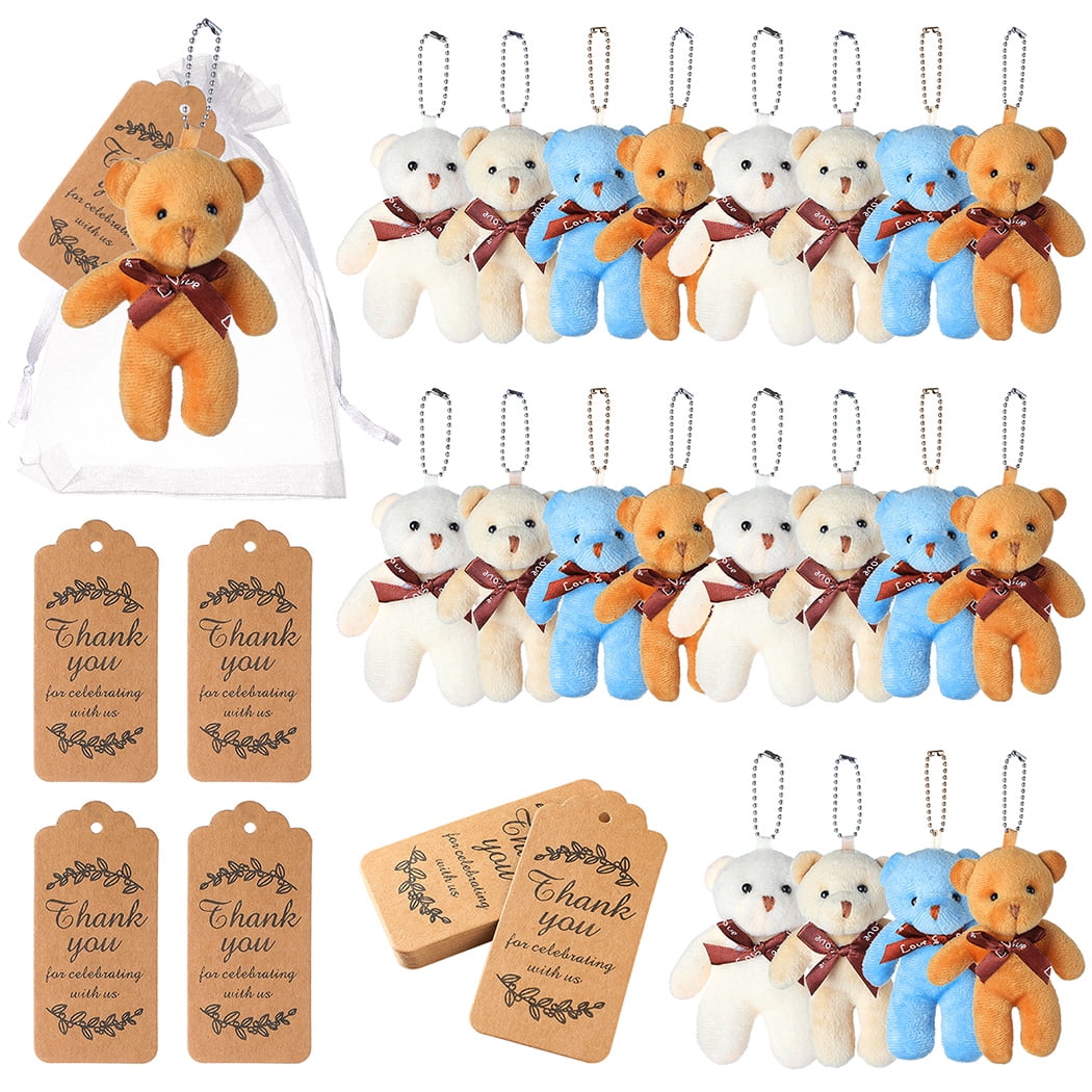 20PCS Mini Bear Stuffed Plush Bear, Mini Teddy Bear Bulk with Thank You Tag Organza Packing Bag, for Guest Baby Shower Souvenirs Birthday Party(4 Colors)