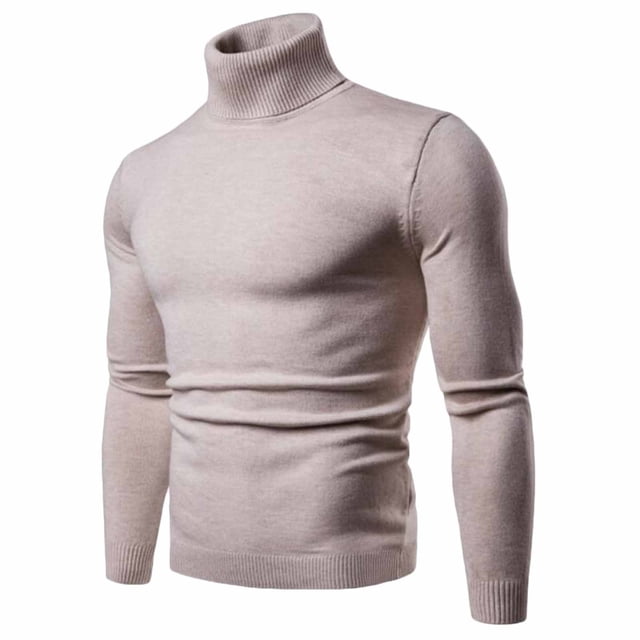 IROINNID Men's Turtleneck Long Sleeve Jumper Mid-Length Solid Color Knit Pullover Trim Base Sweater Blouse in beige. Designed with a ribbed turtleneck, long sleeves, and a fitted silhouette. Made from acrylic material, ideal for casual, daily, or outdoor wear during autumn and spring. Perfect as a men's pullover or sweater for layering.