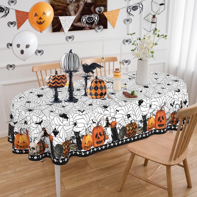 Oval Halloween Tablecloth 60 x 84 Inch, Halloween Spider Web Tablecloth Oval, Halloween Table Cloths Oval, Halloween Oval Table Cloth Decor
