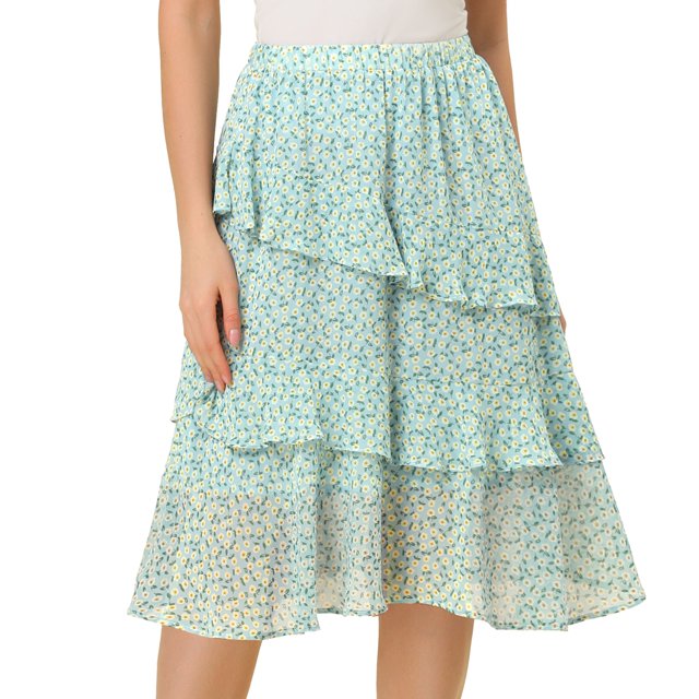 INSPIRE CHIC Women's Elastic Waist Midi Layered Chiffon Skirt Green M