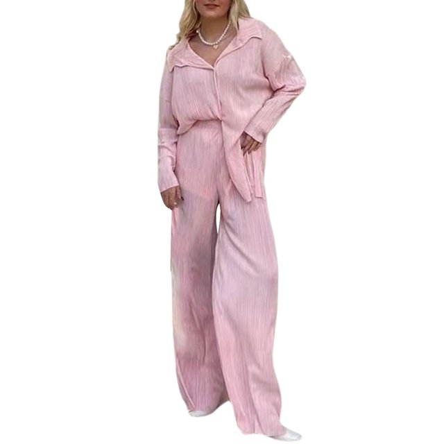 Faithtur Nouvelle Mode Femmes Décontracté Ensemble 2 Pcs Chemise Plissée à Manches Longues Boutonnée + Pantalon