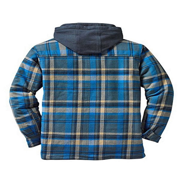 Men's Hooded Quilted Lined Flannel Shirt Jacket Long Sleeve Plaid