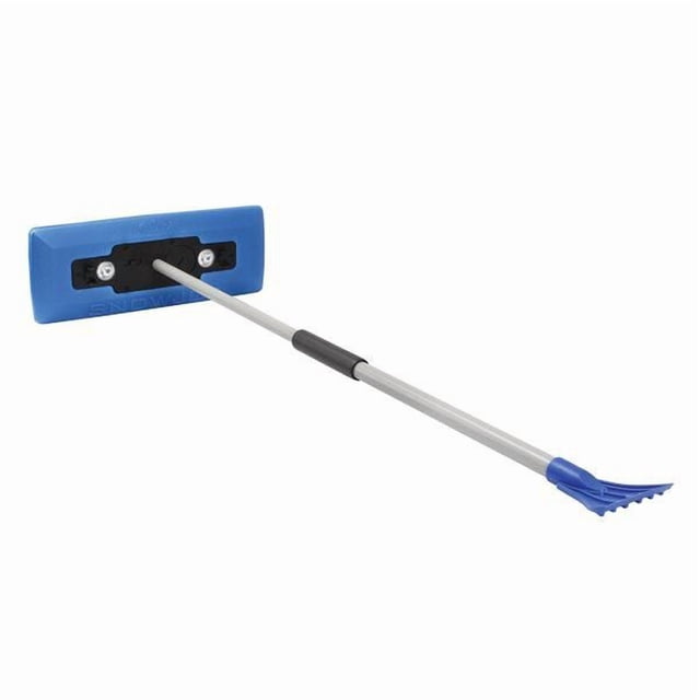 Snow Joe 4-In-1 Telescoping Snow Broom + Ice Scraper, 18-Inch Foam Head, Headlights (Blue)