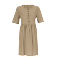 thumbnail image 4 of Robe d'Été pour Femmes en Coton et Lin Uni à Manches Courtes, Boutonnée, Col Ras du Cou, Robe Décontractée Plissée, Ample et Fluide, Robe de Plage avec Poches, 4 of 7
