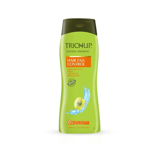 Trichup Hair Fall Control Herbal Hair Shampoo in a 400 ml green bottle with a dark green cap. The label highlights key ingredients such as amla, licorice, and bhringaraj, and promotes benefits like reducing hair fall and improving hair texture. The packaging also mentions 0% SLES, parabens, and dioxane, emphasizing its natural formulation.