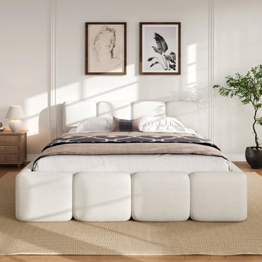 MODERNLUXE King Size Upholstered Platform Bed, Boucle Grounded Bed Frame with Thick Headboard and Footboard for Bedroom,White