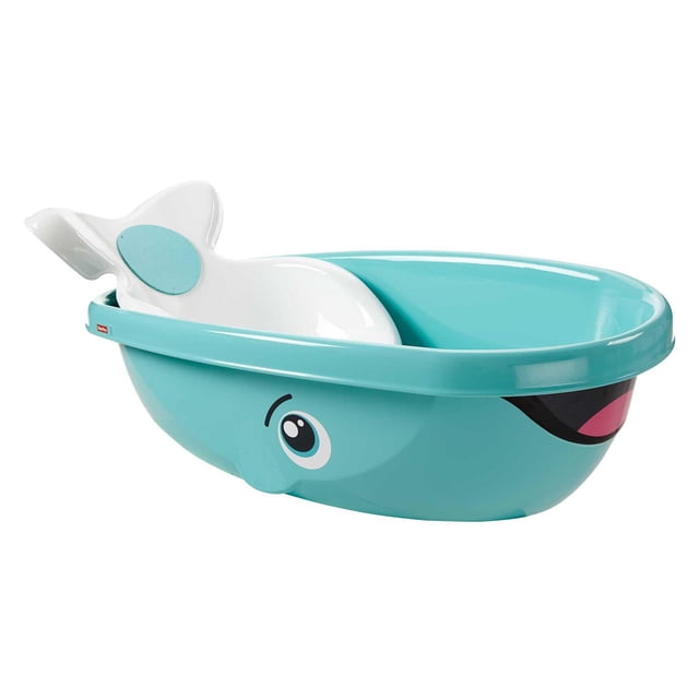 Fisher-Price Whale d'Une Baignoire Baignoire pour Bébé en turquoise avec un Siège pour Nourrisson Blanc Profilé et un Appuie-Tête en Mousse Souple, Présentant un Visage de Whale aux Grands Yeux et une Bouche Souriante, Convient à la Plupart des Éviers et Baignoires avec une surface Antidérapante et un Bouchon de Vidange Affleurant pour un Nettoyage Facile.
