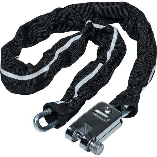 Bell Sports Rampage™ 400 Chain Lock with a 3-foot heavy-duty 6mm steel chain covered by a black woven nylon sleeve with reflective white stripes, secured by a metal lock housing with a keyhole, suitable for securing bicycles or other large items.