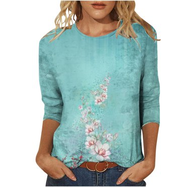 IROINID Économies Polyester T-shirt à Manches Longues pour Femmes Loisirs Imprimé T-shirt Ample Blouse Col Rond Hauts, Vert