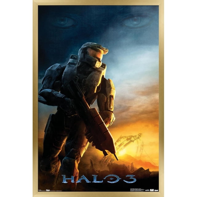 Halo 3 - Affiche Murale « Awakening », 22,375 Po x 34 Po Représentant un Soldat Blindé Orienté vers l'Avant Tenant un Fusil contre un Ciel au Coucher du Soleil avec des Tons orange et Bleu, une structure Anneau de Science-Fiction et un terrain Rocheux en Arrière-Plan, avec de Grands Yeux Légers visible dans le Noir Arrière-Plan Supérieur, Idéal pour la Déco Murale de Salle de Jeux Ou de Divertissement.