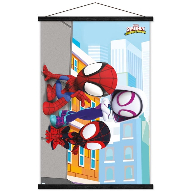Marvel Spidey and His Amazing Friends - Affiche Murale Murale, 22,375 Pouces x 34 Pouces Représentant Trois Personnages Spider-Man Animés en Costumes Colorés Grimpant sur un Mur de Bâtiments Urbains avec une skyline Urbaine Lumineuse, Imprimée sur Papier d'Affiche Brillant Convenant à la Déco de Chambre et à l'Art Mural.