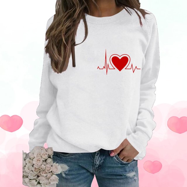 Qertyioot T-Shirt Graphique pour Femmes de la Saint-Valentin à Manches Longues, Haut à Col Rond Imprimé, Chandail Décontracté