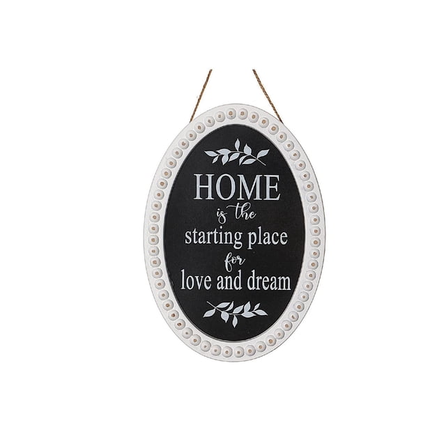 IH Casa Decor Wooden Beaded Oval Sign Home with a black background featuring the inspirational quote 'Home is the starting place for love and dream' in white text, bordered by white wooden beads and hanging by a brown rope, ideal for wall décor in living rooms, bedrooms, or entryways and suitable as a housewarming gift.