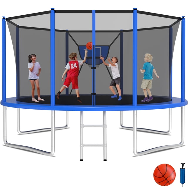 KOFUN 1200LBS 12FT Trampoline for Kids and Adults Outdoor Backyard Trampoline with Safety Enclosure Net, Removable Basketball Hoop, Ladder, A Ball, Blue