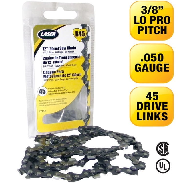 LASER Saw Chain 3/8LP-050 45 Drive Links coiled in front of clear plastic packaging with yellow and white label showing 12 inch (30 cm) length, 3/8LP pitch, .050 gauge, semi-chisel cutters, low kickback design, and CSA and UL certification for chainsaw parts.
