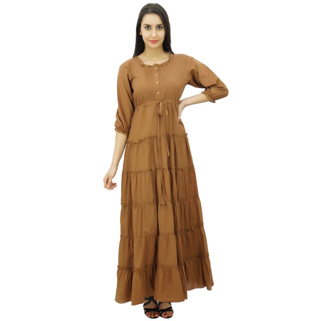 Bimba Women's 3/4 Sleeve Summer Cotton Maxi Dress Drawstring Waist