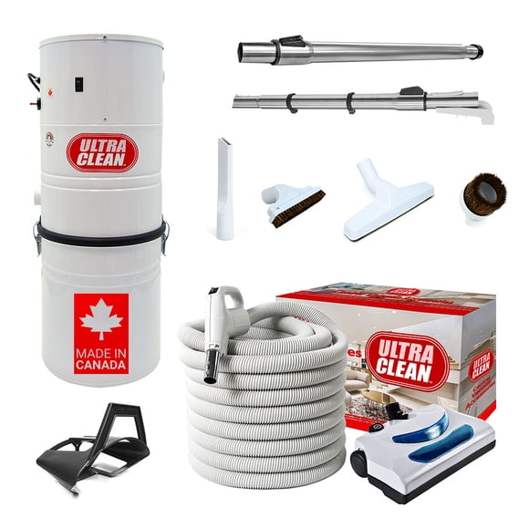 Ultra Clean SC100 Système d'Aspirateur Central Puissant Robuste – Fabriqué au Canada – avec Boyau Électrique de Luxe, Tête Motorisée et Ensemble d'Accessoires (30 Pi, Pigtail, Blanc)