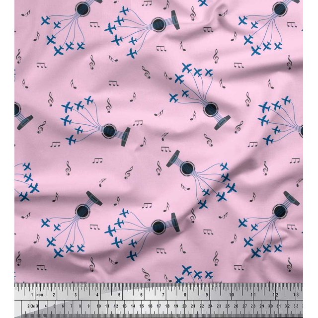 Soimoi Cotton Poplin Fabric Airplane,Guitar Wire & Notes Musical Instrument Printed Fabric 1 Yard 56 Inch Wide